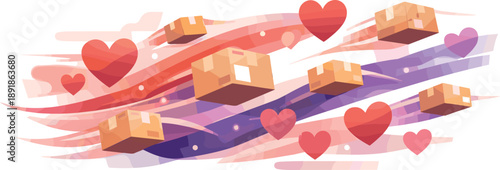 Boxes and hearts floating on colorful swirls, six icons visible.