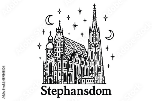 Stephansdom Night Sketch. Hand-drawn st stephen cathedral vienna with moons, domes, and sparkles, center word “Stephansdom” in black and white isolated transparent background