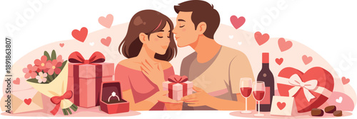 A couple exchanging gifts surrounded by hearts, flowers, chocolates, wine, and present boxes.