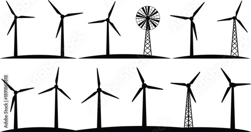 Wind, turbine, windmill, silhouette, posture, gesture, blade, lattice, solid, tower, axis, setup, renewable, energy, infrastructure, power, evolution, vector, black, pose, flavector