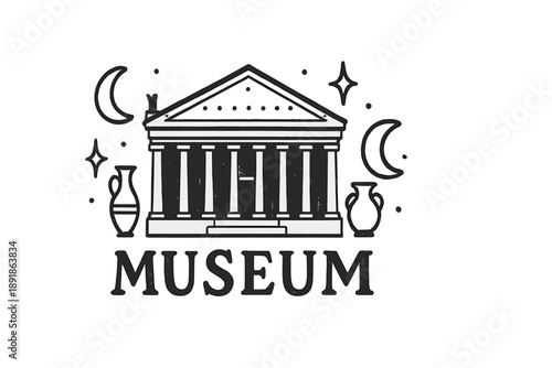 Athens Museum Artwork. Hand-drawn national museum athens with moons, vases, and sparkles, center word “Museum” in black and white isolated transparent background