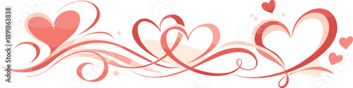Hearts and swirls in pink and red with ornamental design elements.
