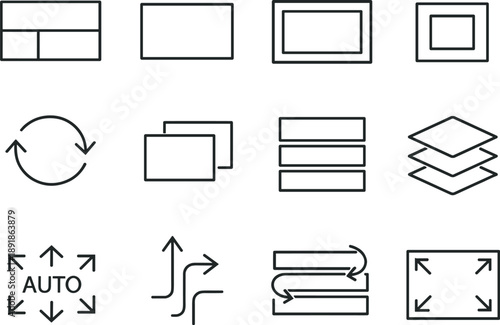 Image Generation. Line style vector icons of modular grid icons: section, container, wrapper, slot; repeat, clone, stack, layer;