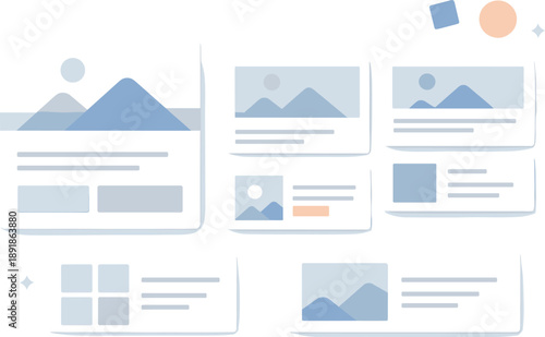 Minimal webpage layout with mountain images, text, two squares, and one circle.