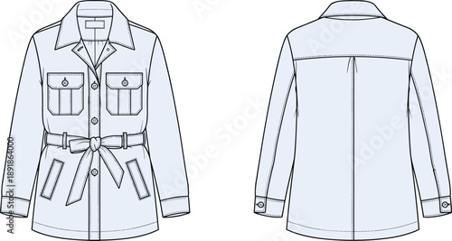Women's utility jacket technical sketch, belted waist, buttoned chest pockets, fashion flat illustration, garment construction details, cad drawing flat vector