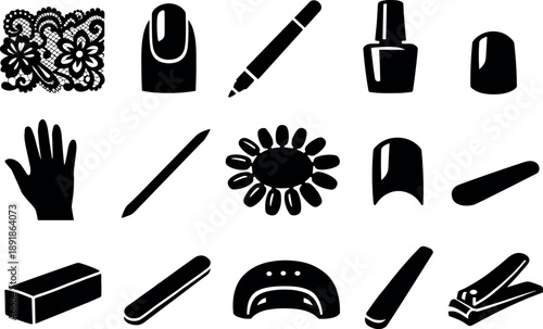 Lace Nail Art Icons. Solid vector icons of lace nails: lace decal, fingernail, nail art pen, polish bottle, hand silhouette,