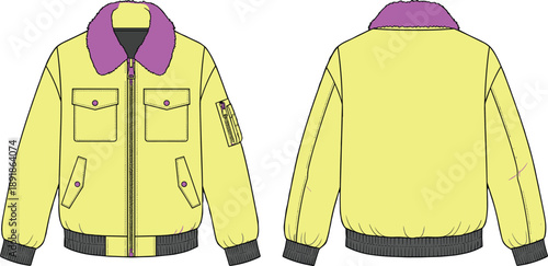 Yellow jacket technical sketch, faux fur collar, zippered sleeve pocket, ribbed cuffs and hem, fashion CAD illustration, garment template, cad drawing flat vector