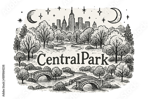Central Park Enchantment. Hand-drawn central park new york with moons, bridges, and sparkles, center word “CentralPark” in black and white isolated transparent background
