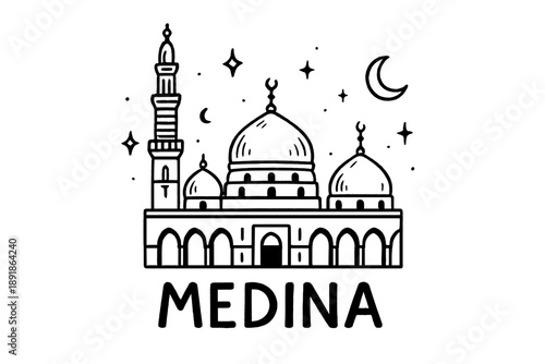 Prophet's Mosque Medina. Hand-drawn prophet’s mosque medina with moons, domes, and sparkles, center word “Medina” in black and white isolated transparent background