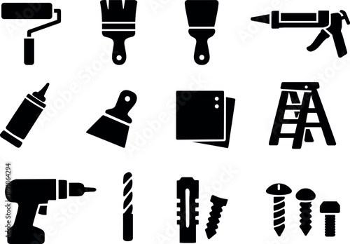 Home Maintenance Tools. Solid vector icons of home maintenance tools: paint roller, paint brush, putty knife, caulking gun,