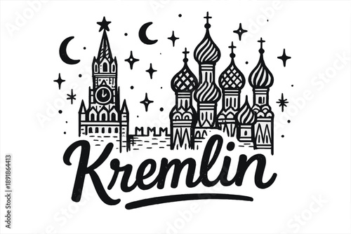 Whimsical Kremlin Illustration. Hand-drawn kremlin moscow with moons, domes, and sparkles, center word “Kremlin” in black and white isolated transparent background
