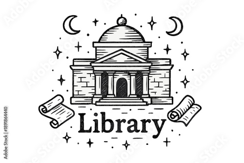 Mystical Alexandria Library. Hand-drawn alexandria library with moons, scrolls, and sparkles, center word “Library” in black and white isolated transparent background