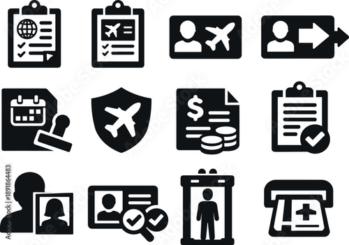 Immigration Icon Set. Solid vector icons of passport visa: immigration form, customs declaration, entry card, exit card, visa