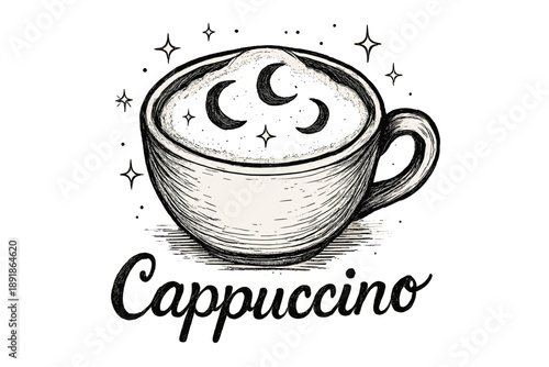 Celestial Cappuccino Art. Hand-drawn cappuccino with moons, milk foam, and sparkles, center word “Cappuccino” in black and white isolated transparent background