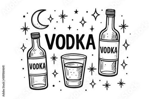Vodka Celestial Showcase. Hand-drawn vodka shot with moons, sparkles, and bottles, center word “Vodka” in black and white isolated transparent background