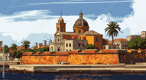 Maltese architecture St Julians church blue sky palm trees building dome tower