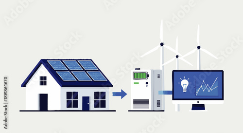 House with solar panels connected to battery and computer showing energy efficiency graph and wind turbines