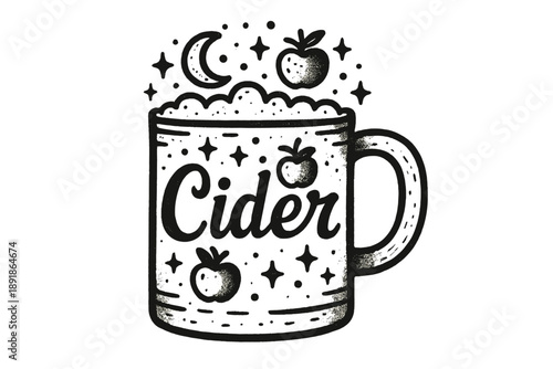 Cider Mug Art. Hand-drawn cider mug with moons, apples, and sparkles, center word “Cider” in black and white isolated transparent background