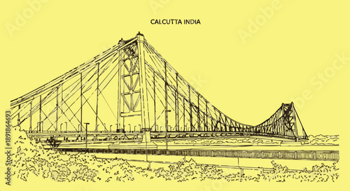 Howrah Bridge Calcutta India yellow background suspension bridge