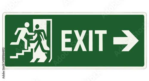 Green exit sign with white people running to door and arrow green sign staircase