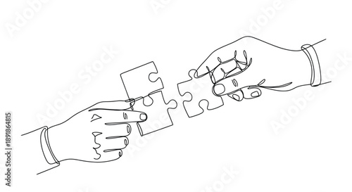 Hands connect puzzle pieces, illustrating.