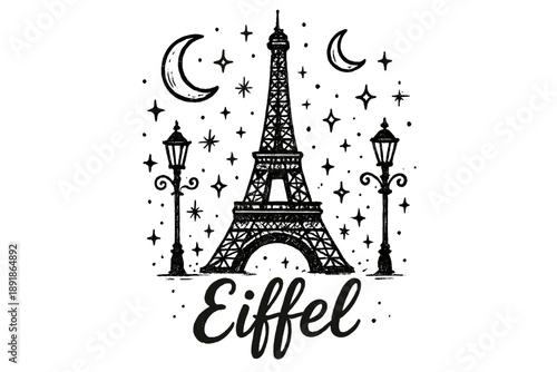 Enchanted Eiffel Illustration. Hand-drawn eiffel tower with moons, lanterns, and sparkles, center word “Eiffel” in black and white isolated transparent background