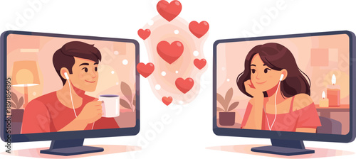 Two people video chatting, surrounded by floating hearts.