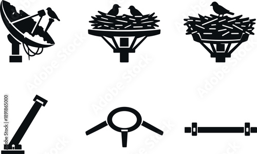 Image Generation. Solid vector icons of bird-adapted satellite frames: decayed reflector dish, heavy nest platform, dense stick