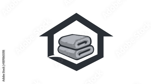 A geometric graphic of a house containing two neatly folded, gray towels