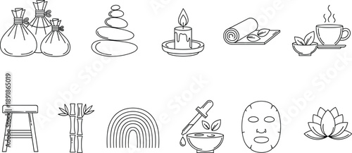 Black line art icon set of spa wellness and holistic health elements including hot stones massage bags candle and bamboo,