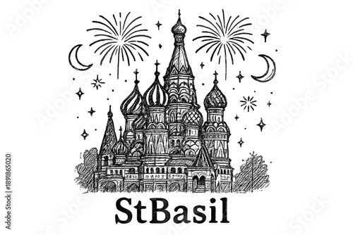 St. Basil Celebration. Hand-drawn st basil cathedral with moons, fireworks, and sparkles, center word “StBasil” in black and white isolated transparent background