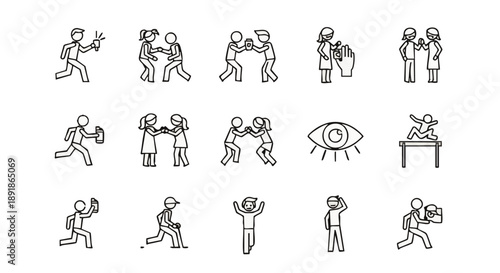 Stick figures performing various actions with hands and people hand movements running