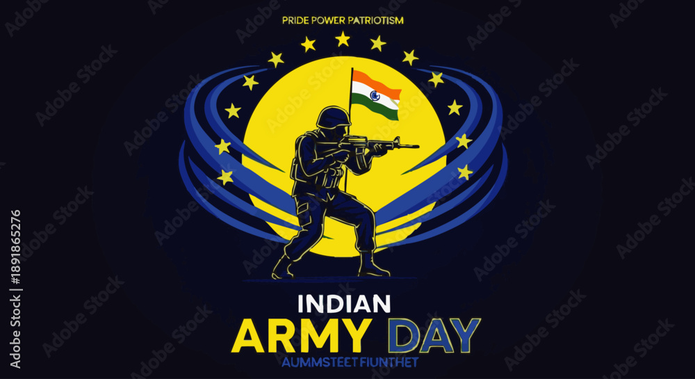 Fototapeta premium Indian army soldier with flag and gun in front of yellow circle and stars indian army day