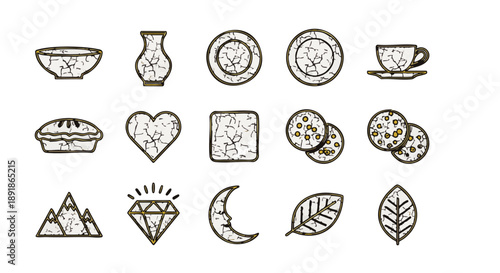 Cracked white and gold of household and symbols household symbols vase