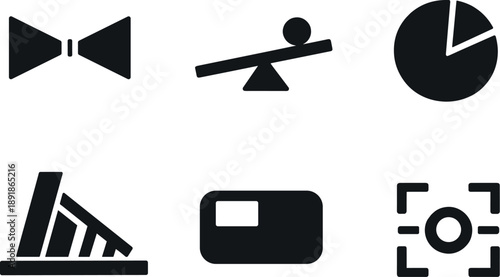 Image Generation. Solid vector icons of asymmetry-driven focus tools: near-symmetric motif, disrupted balance point,