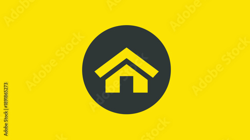 A house icon within a dark gray oval on a bright yellow background, simple and clean