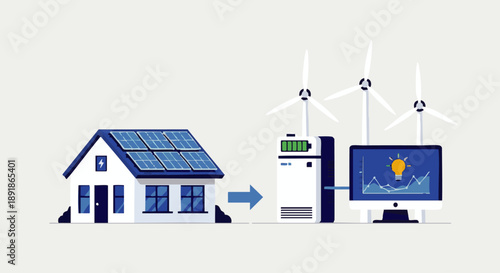 House with solar panels connected to battery and computer with wind turbines