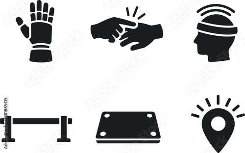Image Generation. Solid vector icons of foreign-limb assimilation studies: prosthetic hand elevation, paired tactile cue, illusion