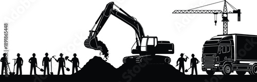 Black silhouette of construction site with excavator crane truck and workers for industrial building project development and heavy machinery design,