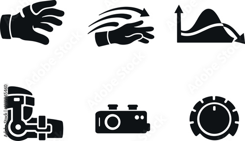 Image Generation. Solid vector icons of VR-driven phantom-limb control: simulated hand shape, mapped motion pattern, adaptive