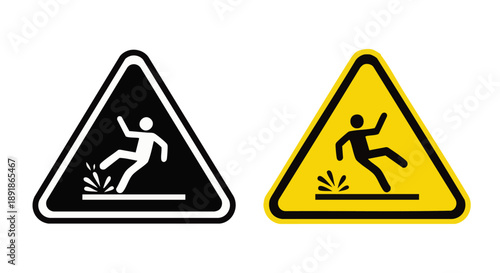 Slippery surface warning signs with falling person triangular signs black and white