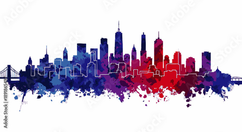 Colorful city skyline with bridge and skyscrapers in blue, purple, and red hues