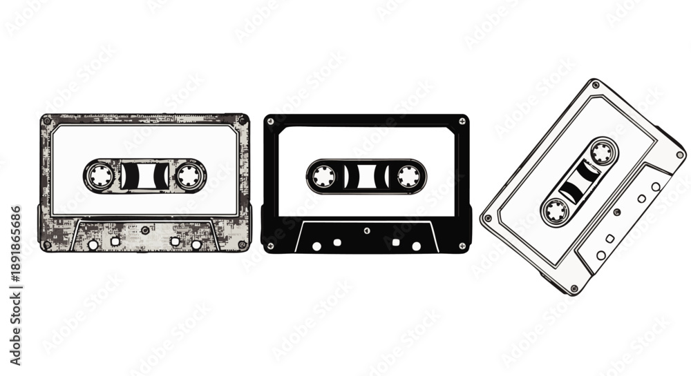 Fototapeta premium Three cassette tapes in different styles and colors audio cassettes music vintage retro