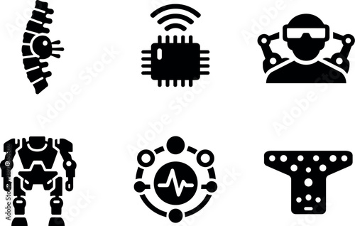 Image Generation. Solid vector icons of spine-linked neural exoskeleton control: spinal implant node, neural-signal transmitter,