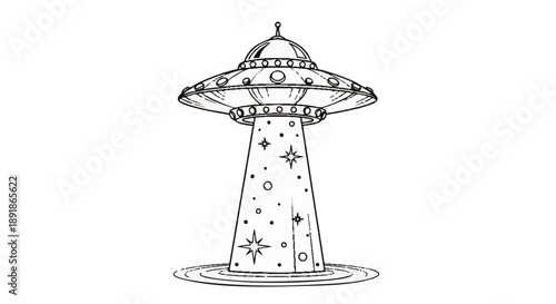 Black and white line of a U F O with a conical base and a domed spaceship alien science fiction futuristic