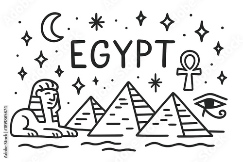 Doodle Egypt Night. Doodle ancient egypt scene with stars, pyramids, and sparkles, center word “Egypt” in black and white isolated transparent background