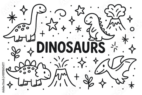 Dinosaur Era Doodle. Doodle dinosaur age with stars, volcanoes, and sparkles, center word “Dinosaurs” in black and white isolated transparent background