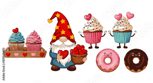 Cartoon gnome holding heart shaped candies and surrounded by cupcakes and donuts with heart decorations