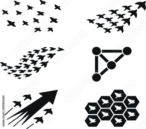 Image Generation. Solid vector icons of swarm-like bird dynamics: distributed bird array, coordinated shift band, fluid formation