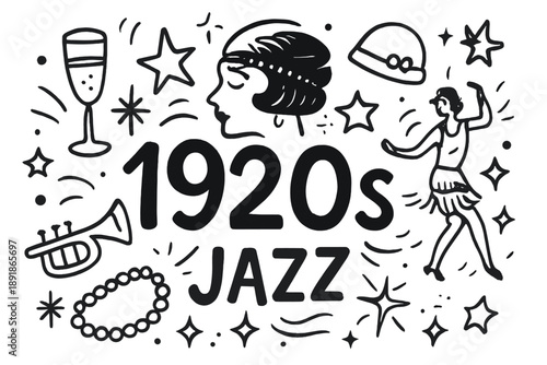 Roaring Twenties Doodle. Doodle roaring twenties with stars, jazz, and sparkles, center word “1920s” in black and white isolated transparent background